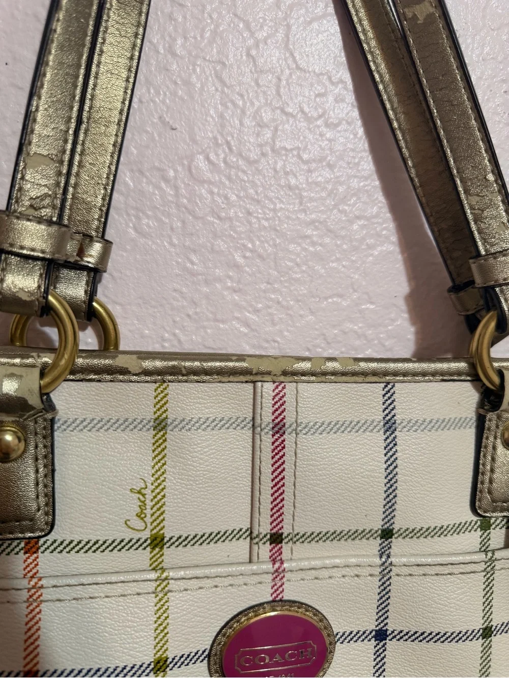 Vintage Coach Plaid Shoulder Tote in Cream with Gold Handles and Pink Logo